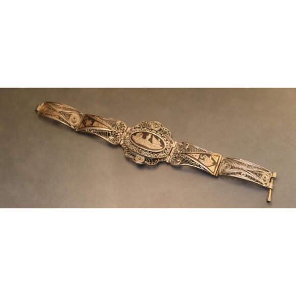 Vintage Niello Enamel Silver Filigree Bracelet Middle Eastern Look - Picture 3 of 5